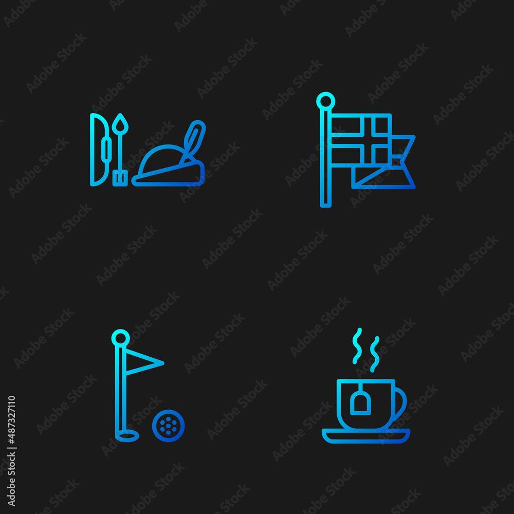 Set line Cup of tea with tea bag, Golf flag, Robin hood hat and England on flagpole. Gradient color icons. Vector Set line Cup of tea with tea bag, Golf flag, Robin hood hat and England on flagpole. Gradient color icons. Vector