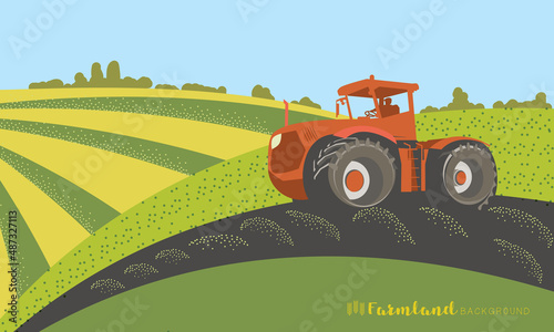 Banner of the agricultural concept. A tractor is plowing in a field among farmlands. Vector rural background for the design of leaflets or booklets.