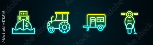 Set line Cargo ship, Tractor, Rv Camping trailer and Scooter. Glowing neon icon. Vector