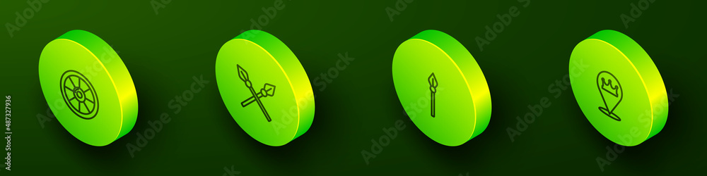 Set Isometric line Round wooden shield, Crossed medieval spears, Medieval and Location king crown icon. Vector Set Isometric line Round wooden shield, Crossed medieval spears, Medieval and Location king crown icon. Vector