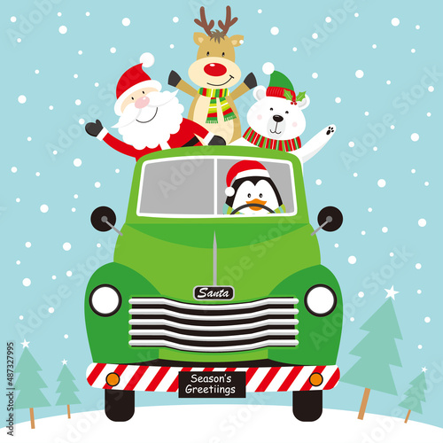 christmas card withsanta claus, bear, penguin and reindeer  on the car