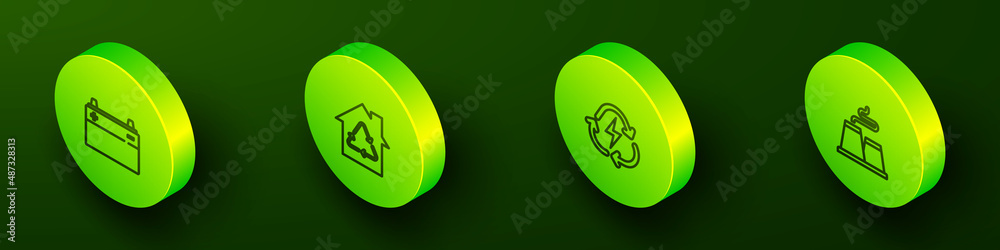 Set Isometric line Car battery, Eco House with recycling, Battery recycle and Factory icon. Vector Set Isometric line Car battery, Eco House with recycling, Battery recycle and Factory icon. Vector