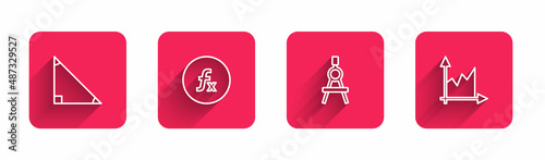 Set line Triangle math, Function mathematical symbol, Drawing compass and Graph, schedule, chart, diagram with long shadow. Red square button. Vector