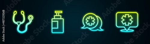Set line Stethoscope, Hand sanitizer bottle, Dialogue with the doctor and Medical symbol of Emergency. Glowing neon icon. Vector