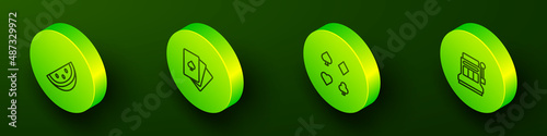 Set Isometric line Casino slot machine with watermelon, Deck of playing cards, and Slot icon. Vector