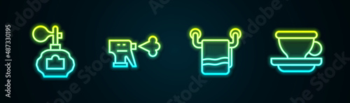 Set line Aftershave, Hairdresser pistol spray bottle, Towel on hanger and Coffee cup. Glowing neon icon. Vector