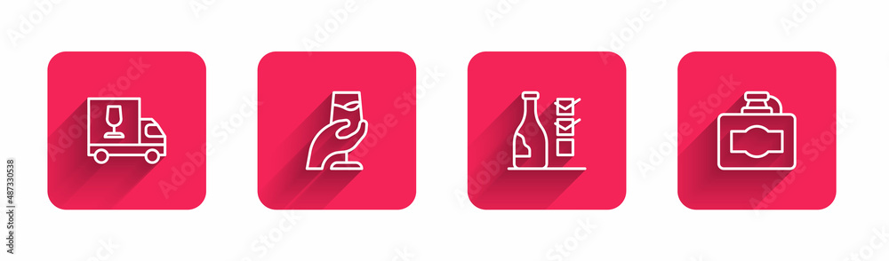 Set line Wine truck, tasting, degustation, Bottle of wine and Cardboard box with long shadow. Red square button. Vector Set line Wine truck, tasting, degustation, Bottle of wine and Cardboard box with long shadow. Red square button. Vector
