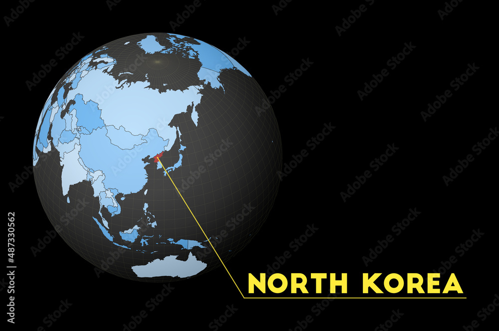 Fototapeta premium North Korea highlighted on a dark globe with a blue world map. A satellite view centered on North Korea with the country name displayed. Vector illustration.