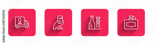 Set line Wine truck, tasting, degustation, Bottle of wine and Cardboard box with long shadow. Red square button. Vector