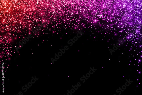 Red purple holiday falling particles with glow lights on black background. Vector
