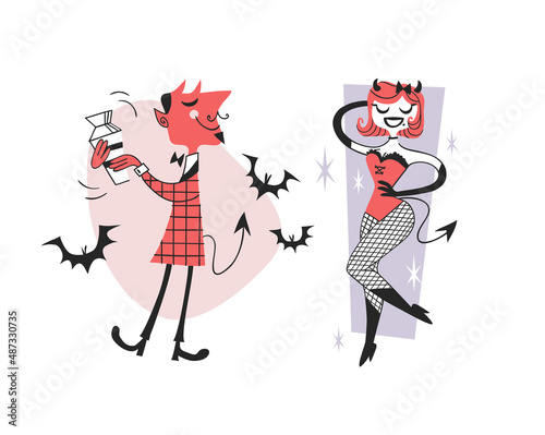 Hand drawn Retro illustration Halloween Characters. Creative Cartoon art work. Actual vector drawing Holiday People. Artistic isolated Vintage Devil