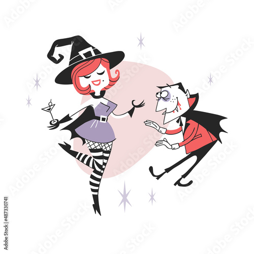 Hand drawn Retro illustration Halloween Characters. Creative Cartoon art work. Actual vector drawing Holiday Witches. Artistic isolated Vintage Person