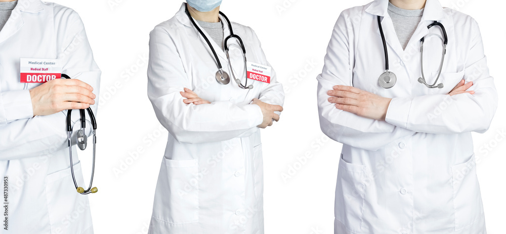 Three isolated doctors on a white background. Doctor on a white background with a stethoscope around his neck and a badge. Isolated doctor on a white background in a different position. Three isolated doctors on a white background. Doctor on a white background with a stethoscope around his neck and a badge. Isolated doctor on a white background in a different position.
