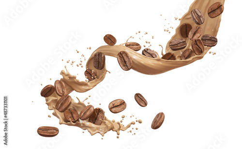 splashing coffee with coffee beans, isolated on white background, 3d rendering. photo