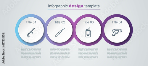 Set line Police rubber baton, Telescopic, Walkie talkie and electric shocker. Business infographic template. Vector