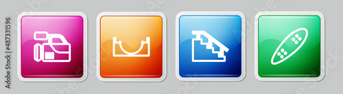 Set line Cinema camera, Skate park, Skateboard stairs with rail and Longboard or skateboard. Colorful square button. Vector