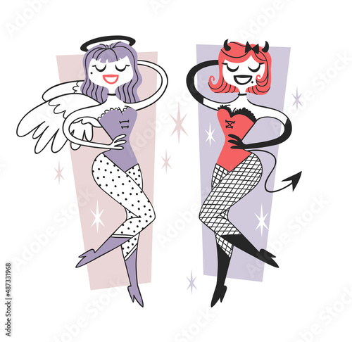 Hand drawn Retro illustration Halloween Character. Creative Cartoon art work. Actual vector drawing Holiday People. Artistic isolated Vintage Person Angel and Devil