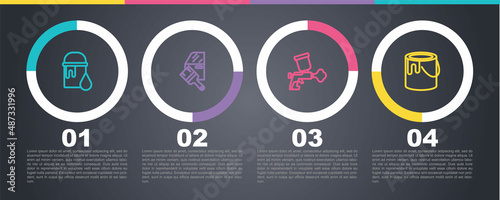 Set line Paint bucket, Car painting, spray gun and . Business infographic template. Vector