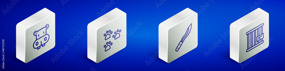 Set Isometric line Hippo or Hippopotamus, Paw print, Machete and Animal cage icon. Vector