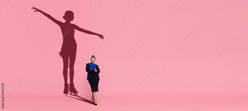 Flyer with young business woman dreams of becoming a figure skater isolated on pink background. Art, sport, dreams concept. Collage