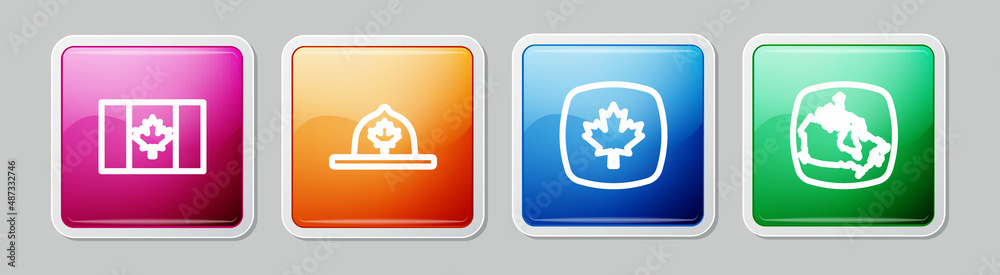 Set line Flag of Canada, Canadian ranger hat, maple leaf and . Colorful square button. Vector Set line Flag of Canada, Canadian ranger hat, maple leaf and . Colorful square button. Vector