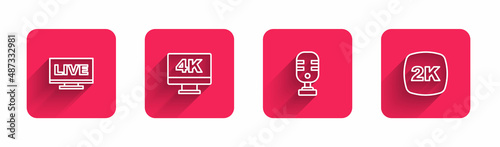 Set line Live stream, Screen tv with 4k, Microphone and 2k Ultra HD with long shadow. Red square button. Vector