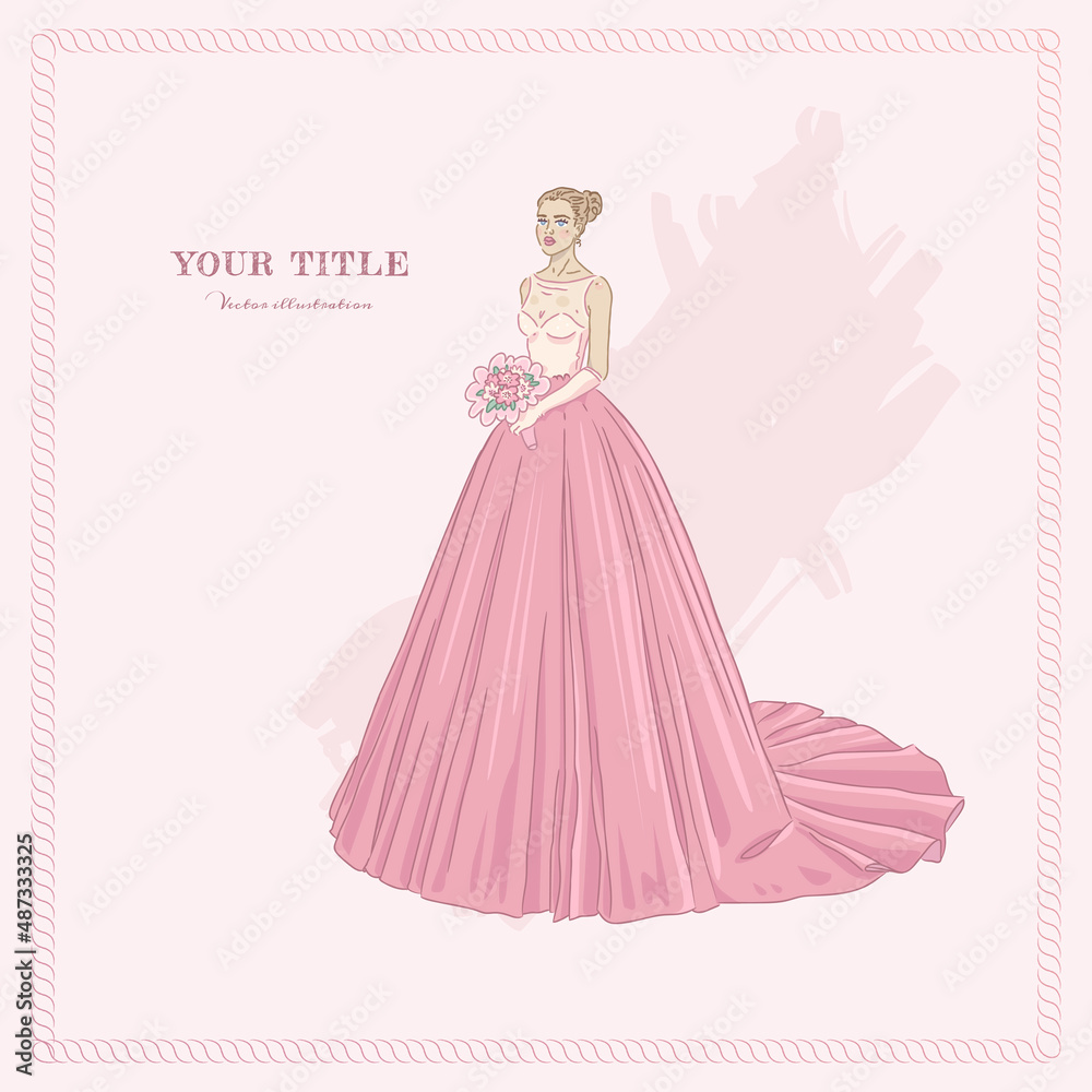 Hand drawn illustration of beautiful bride with bouquet Hand drawn illustration of beautiful bride with bouquet