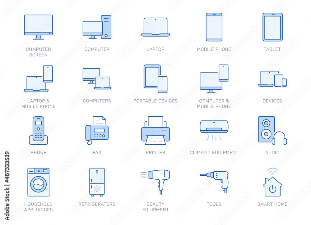 Electronics line icons. Vector outline illustration with icon - pc, digital tablet, phone, speaker, air conditioner, printer, laptop, monitor pictogram for smart device. Editable Stroke, blue color Electronics line icons. Vector outline illustration with icon - pc, digital tablet, phone, speaker, air conditioner, printer, laptop, monitor pictogram for smart device. Editable Stroke, blue color