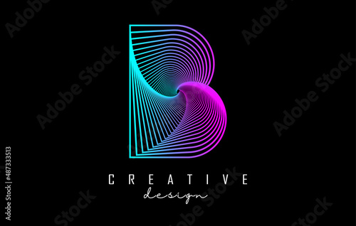 Purple Letter B logo with lines and spiral effect. Vector illustration with geometric typography.