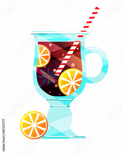 Mulled wine in a glass glass with a straw and oranges.