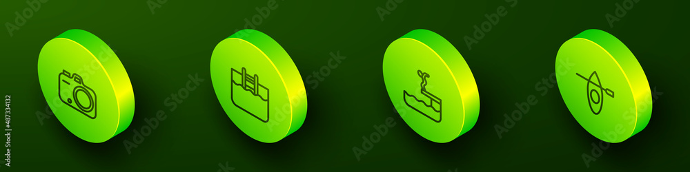 Set Isometric line Photo camera, Swimming pool with ladder, Swimmer diving into and Kayak and paddle icon. Vector Set Isometric line Photo camera, Swimming pool with ladder, Swimmer diving into and Kayak and paddle icon. Vector