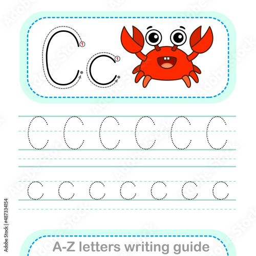 Letter Writing Guide. Worksheet Tracing letters C. Uppercase and lowercase letter English alphabet photo