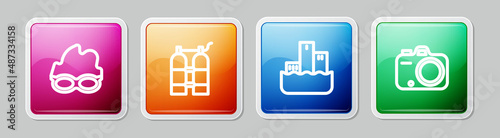 Set line Glasses for swimming, Aqualung, Winner podium and Photo camera. Colorful square button. Vector