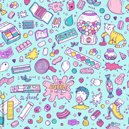Bubble Gum 90s Colorful background. Hand Drawn Doodle Chewing Gums Seamless pattern. Bright Retro Colors Vector illustration