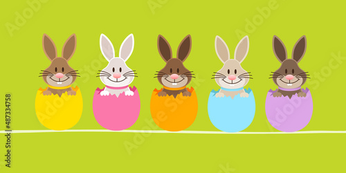 5 Osterhasen In Eierschalen Banner Grün