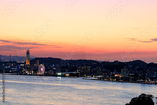 和布刈公園展望台から見た日没直後の下関市の夜景　福岡県北九州市　Night view of Shimonoseki city immediately after sunset as seen from the Mekari Park observatory. Fukuoka-ken Kitakyusyu city photo