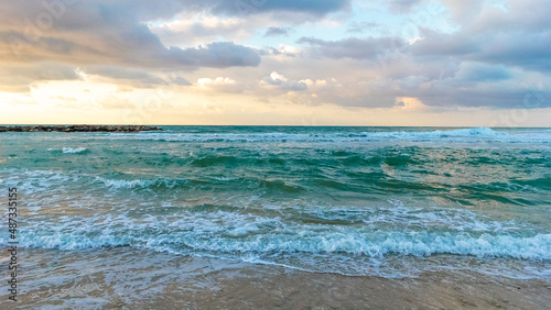 Calm Sea Ocean And Cloudy Sky Background. SunSet. Sea. Mediterranean Sea