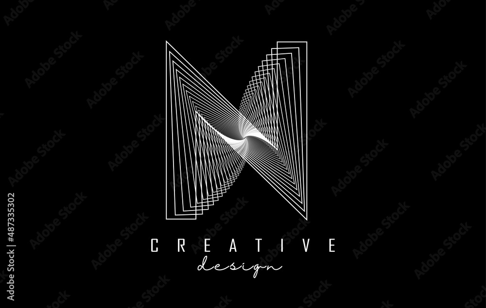 White Letter N logo with lines and spiral effect. Vector illustration