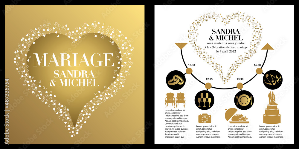 Carte d’invitation pour un mariage avec au recto un cœur formé de petits cœurs blanc sur un fond or, et au verso un composition graphique avec des pictogrammes - texte français.