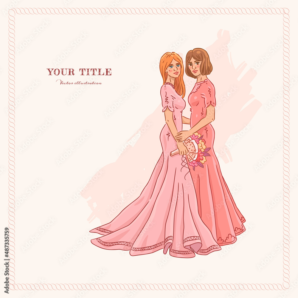 Hand drawn illustration of wedding lesbian couple Hand drawn illustration of wedding lesbian couple