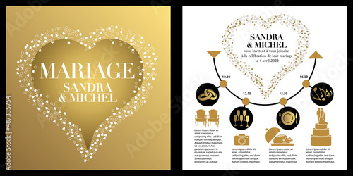 Carte d’invitation pour un mariage avec au recto un cœur formé de petits cœurs blanc sur un fond or, et au verso un composition graphique avec des pictogrammes - texte français.