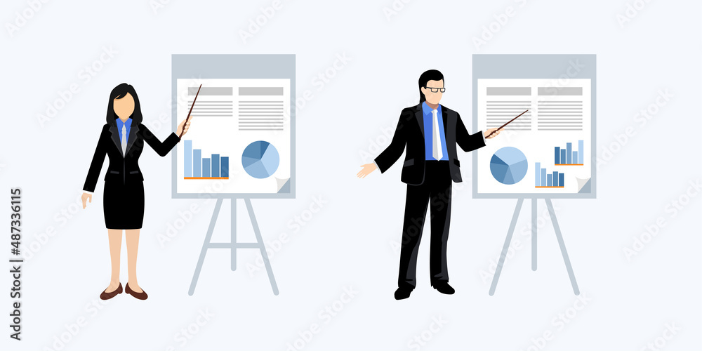 
Best presentation collection vector illustration. Awesome business Presentations template. Man and woman presentations vector illustration.
