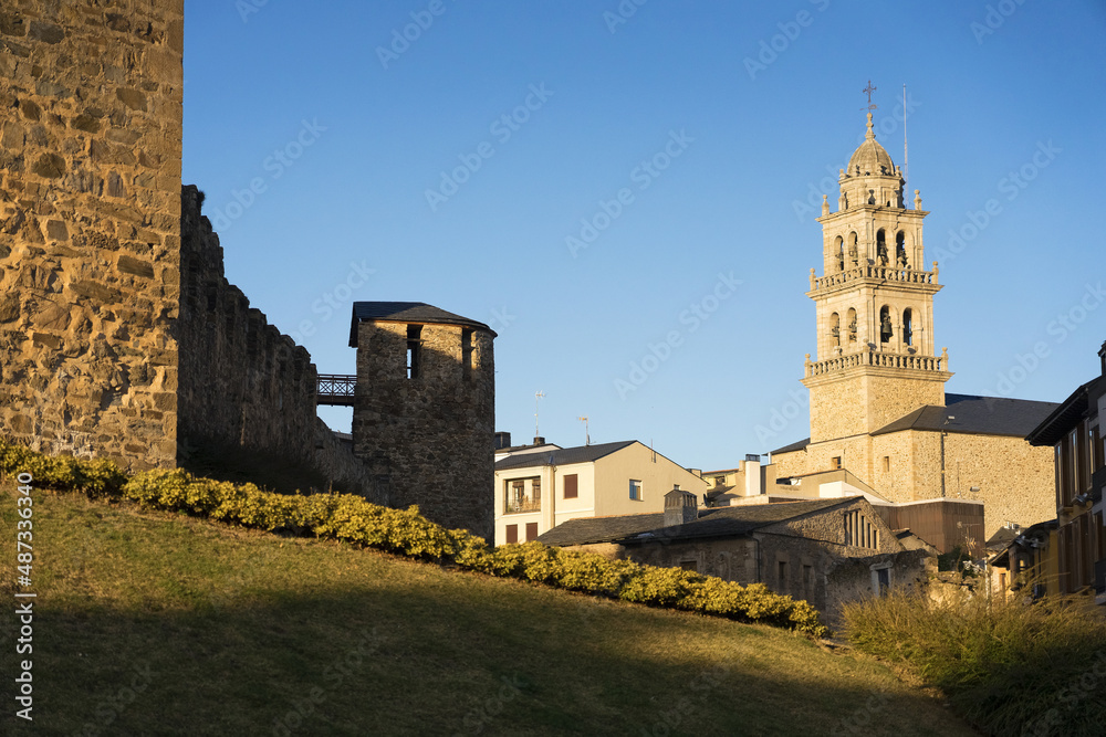View of Ponferrada old town, San Andres church, cathedral and medieval Los Templarios castle, Leon province, Spain