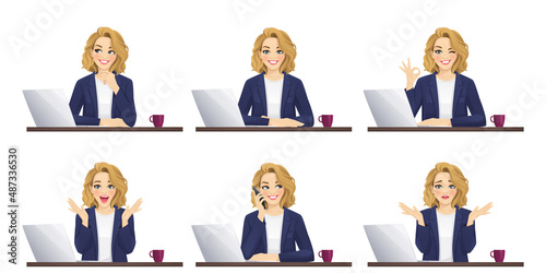 Elegant beautiful business woman using laptop computer sitting at the desk set isolated vector illustration