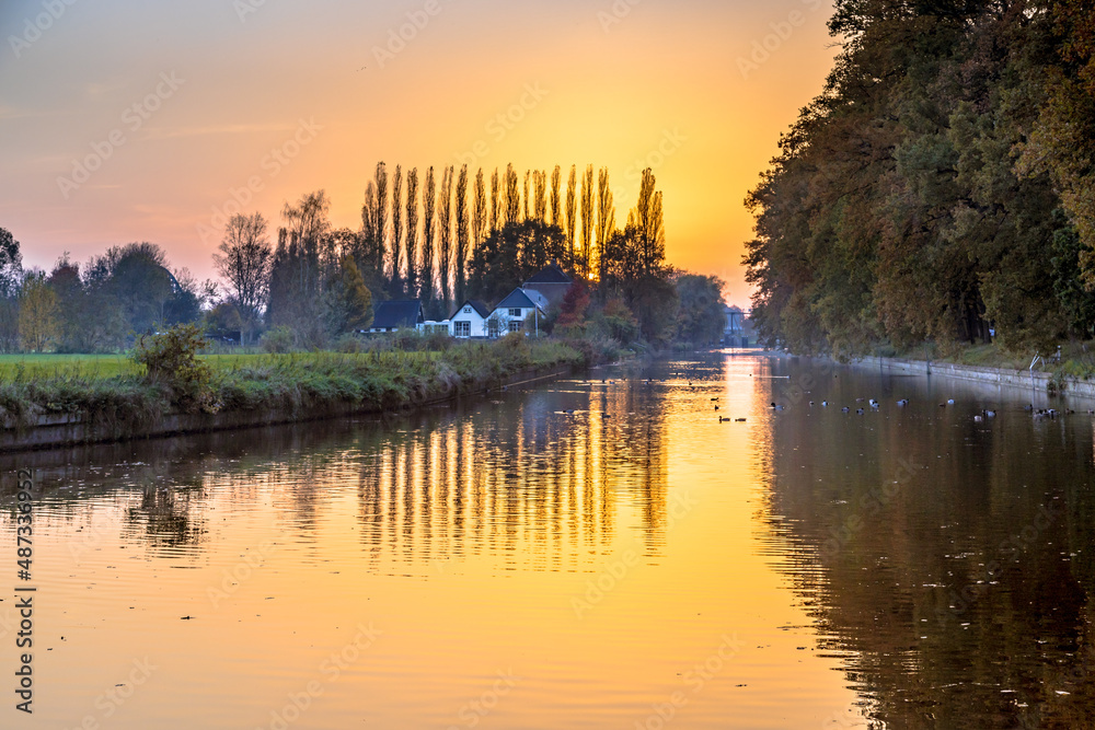 Sunset over Willemsvaart canal in Zwolle