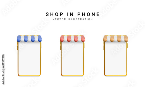 Set of colour 3d realistic store in your phone on white background. Vector illustration