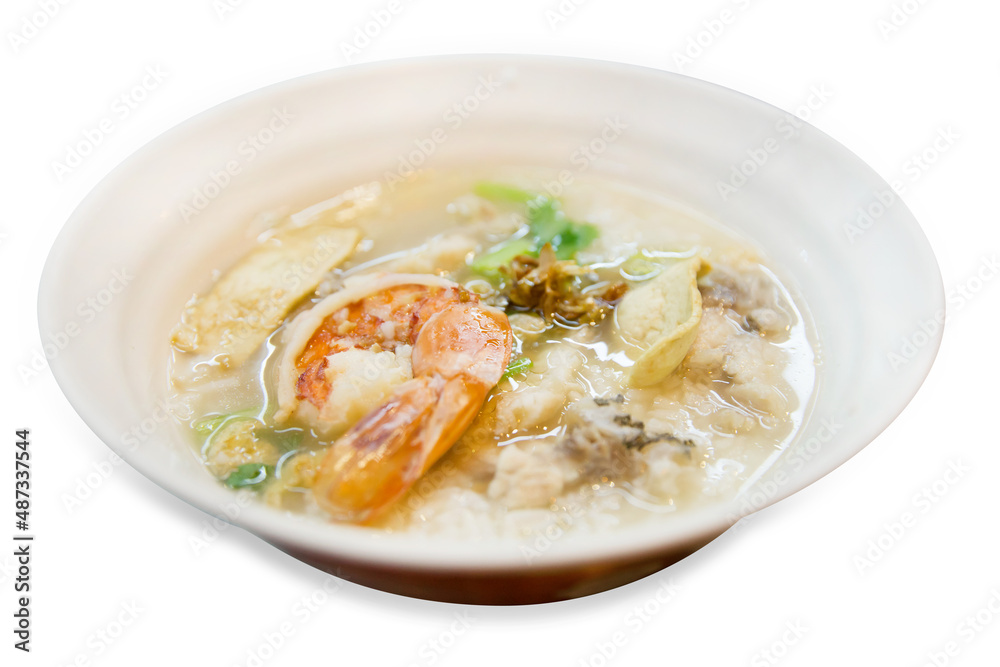 Die cut of Porridge with fish with shrimp on white isolated