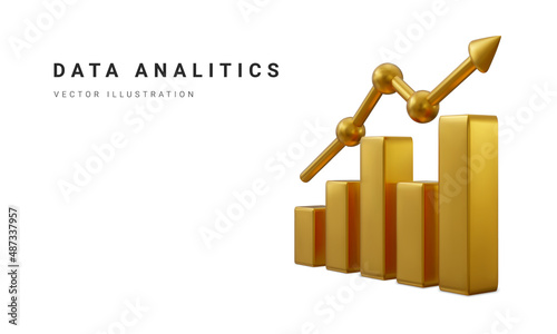 Data analysis concept banner. Growing bars graphic with rising arrow. Digital marketing. Vector illustration