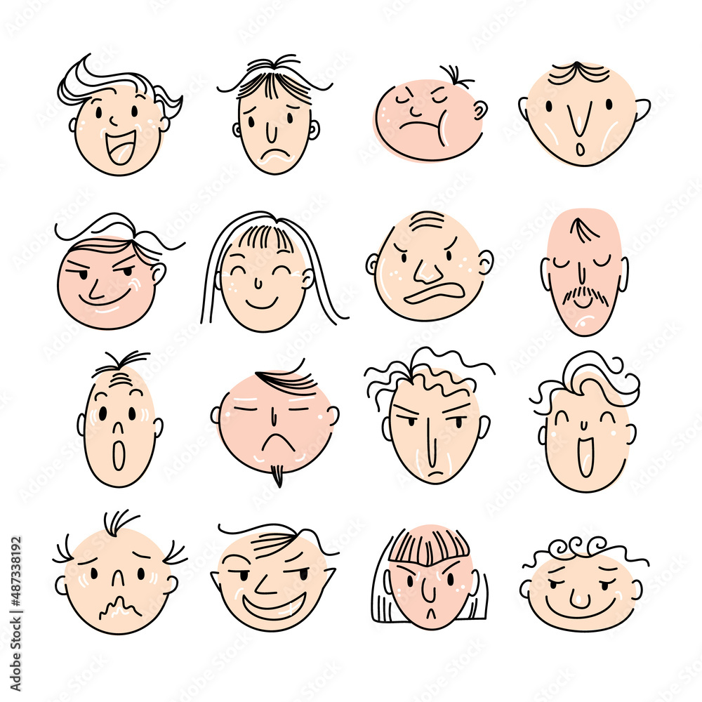 Doodle people faces collection isolated. Hand drawn male and female characters with different emotions. Vector hand drawn sketches. Doodle people faces collection isolated. Hand drawn male and female characters with different emotions. Vector hand drawn sketches.