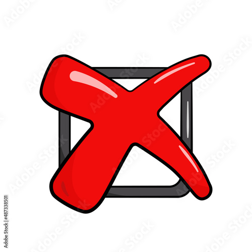 Red cross in black square. Cartoon. Vector illustration